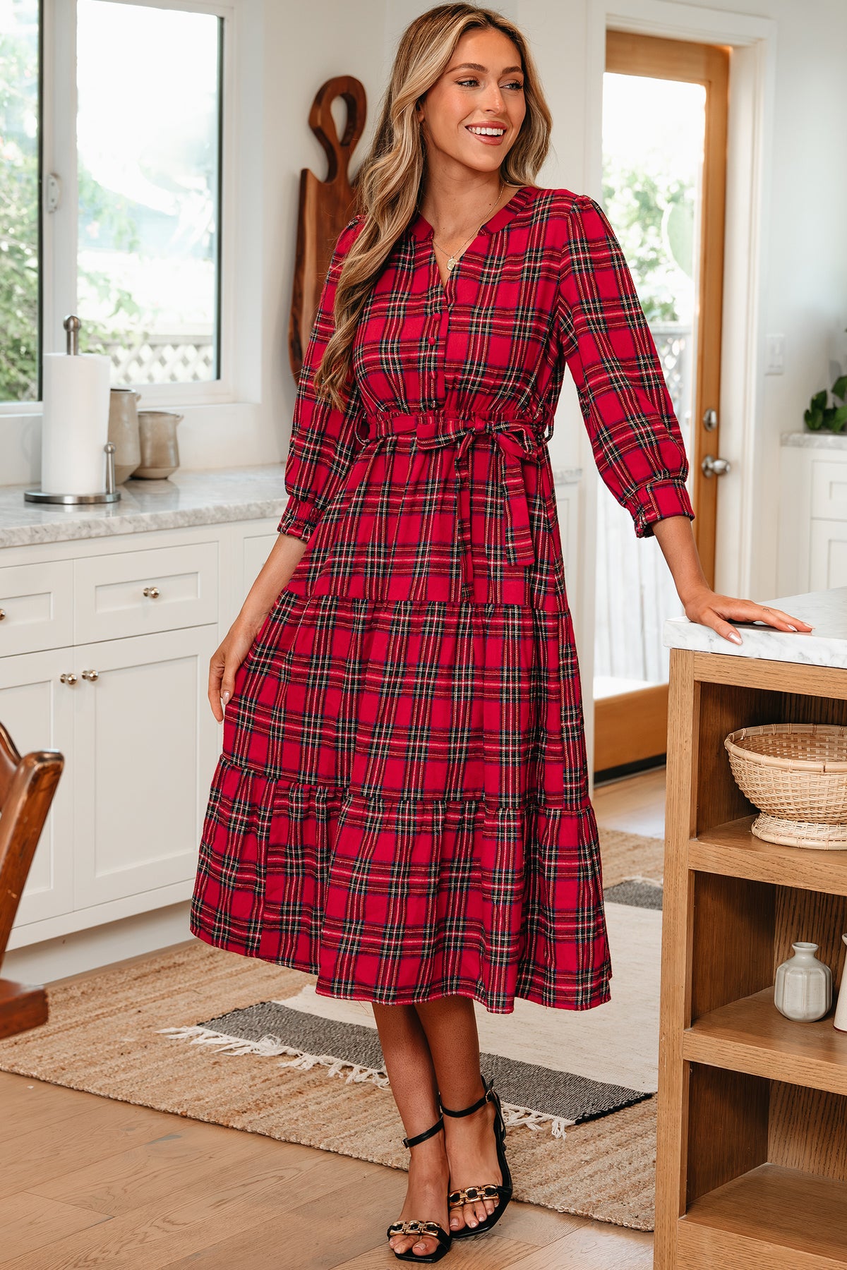 Red Christmas Plaid V Neck 3/4 Sleeve Tie Waist Ruffle Hem Long Dress