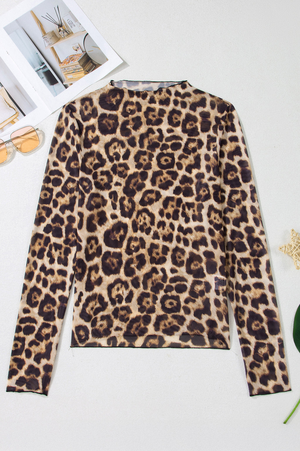 Camel Leopard Print Slim Fit Mesh Long Sleeve Mock Neck Top