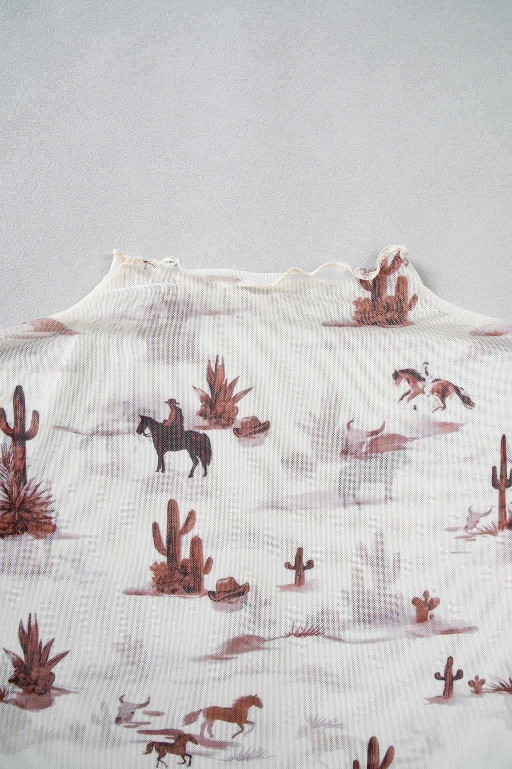 Beige Floral Print Slim Fit Mesh Long Sleeve Mock Neck Top