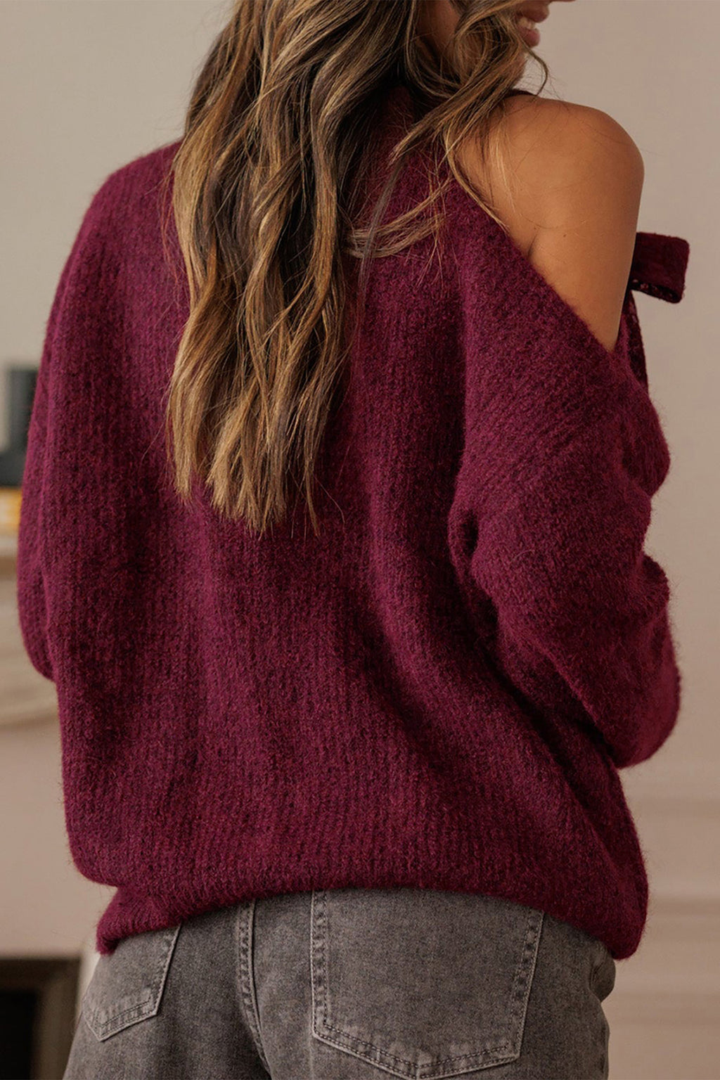 Burgundy Lace Bowknot Asymmetric Neck Sweater