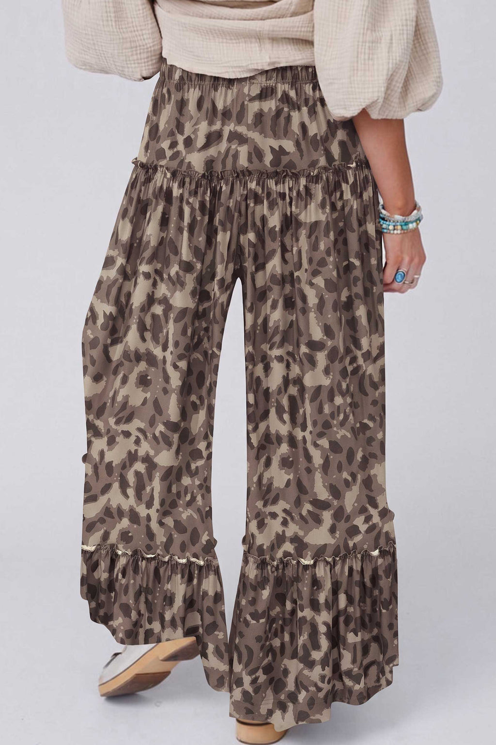 Beige Camo Print Wide Leg Casual Pants