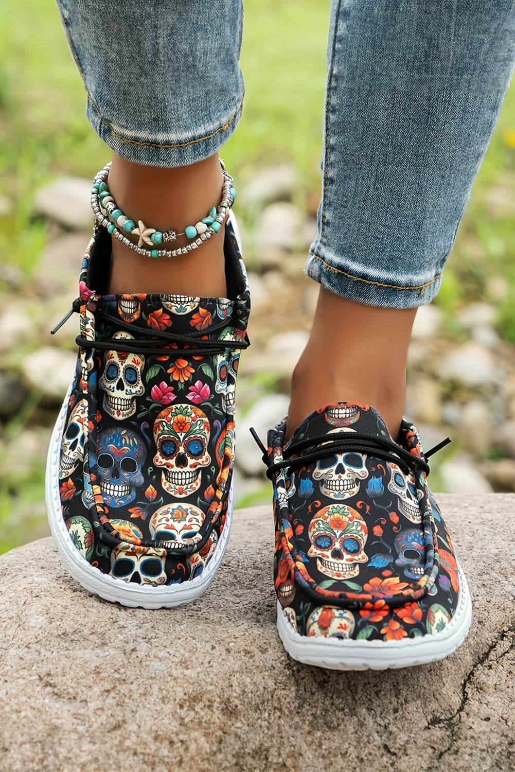 Black Sugar Skull Print Lace-up Detail Halloween Flat Shoes