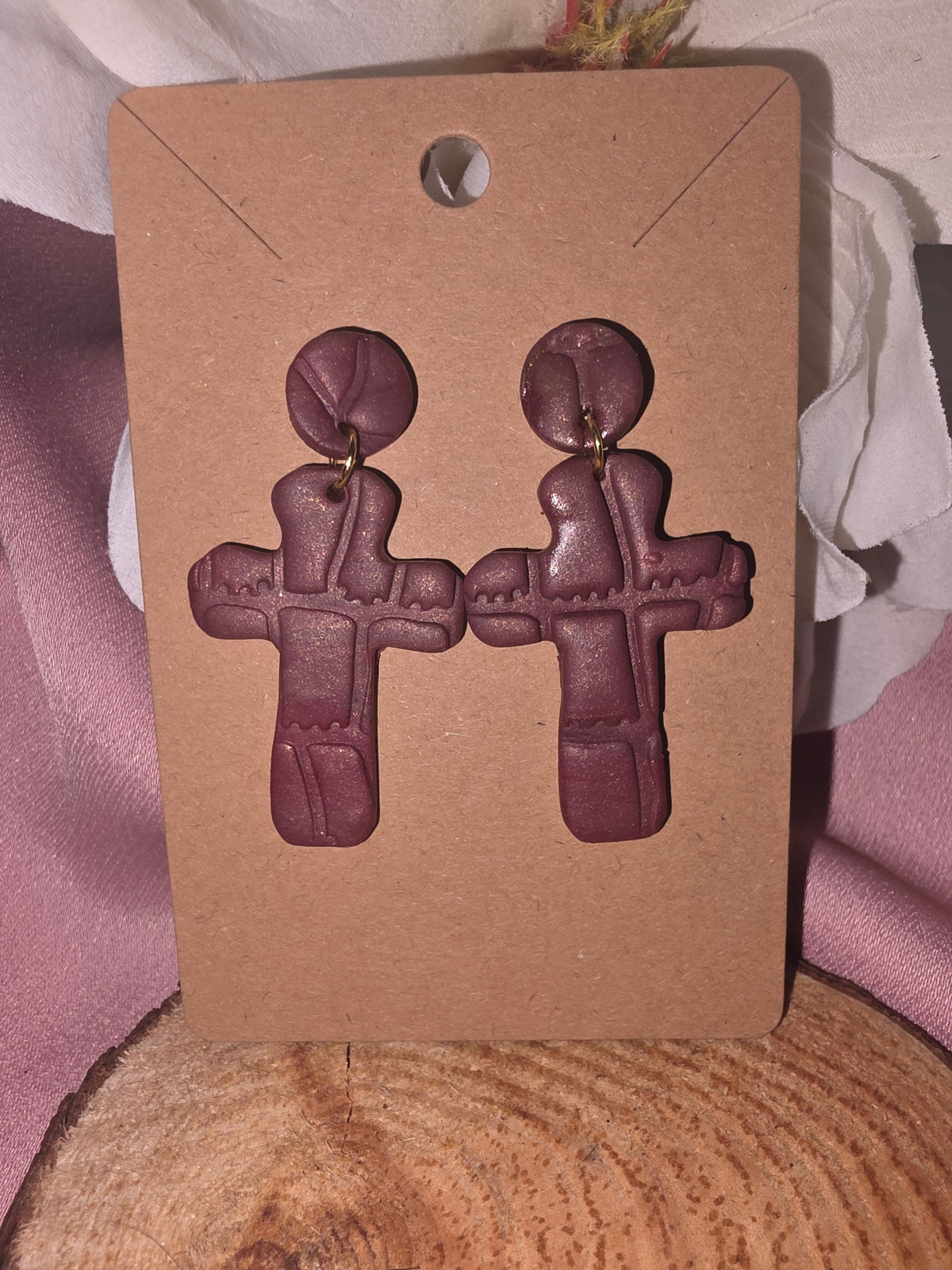 Handmade Mauve Clay Cross Dangle Earrings