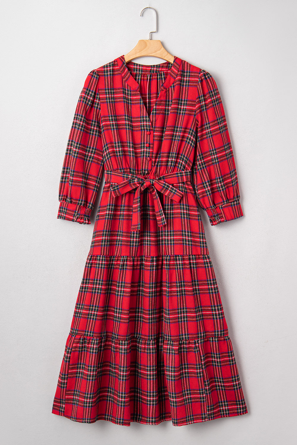 Red Christmas Plaid V Neck 3/4 Sleeve Tie Waist Ruffle Hem Long Dress