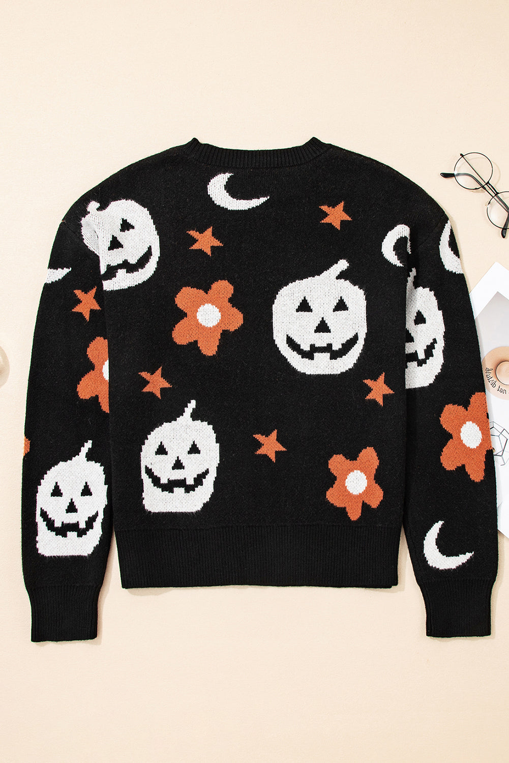 Black Halloween Mythical Night Pattern Drop Shoulder Sweater