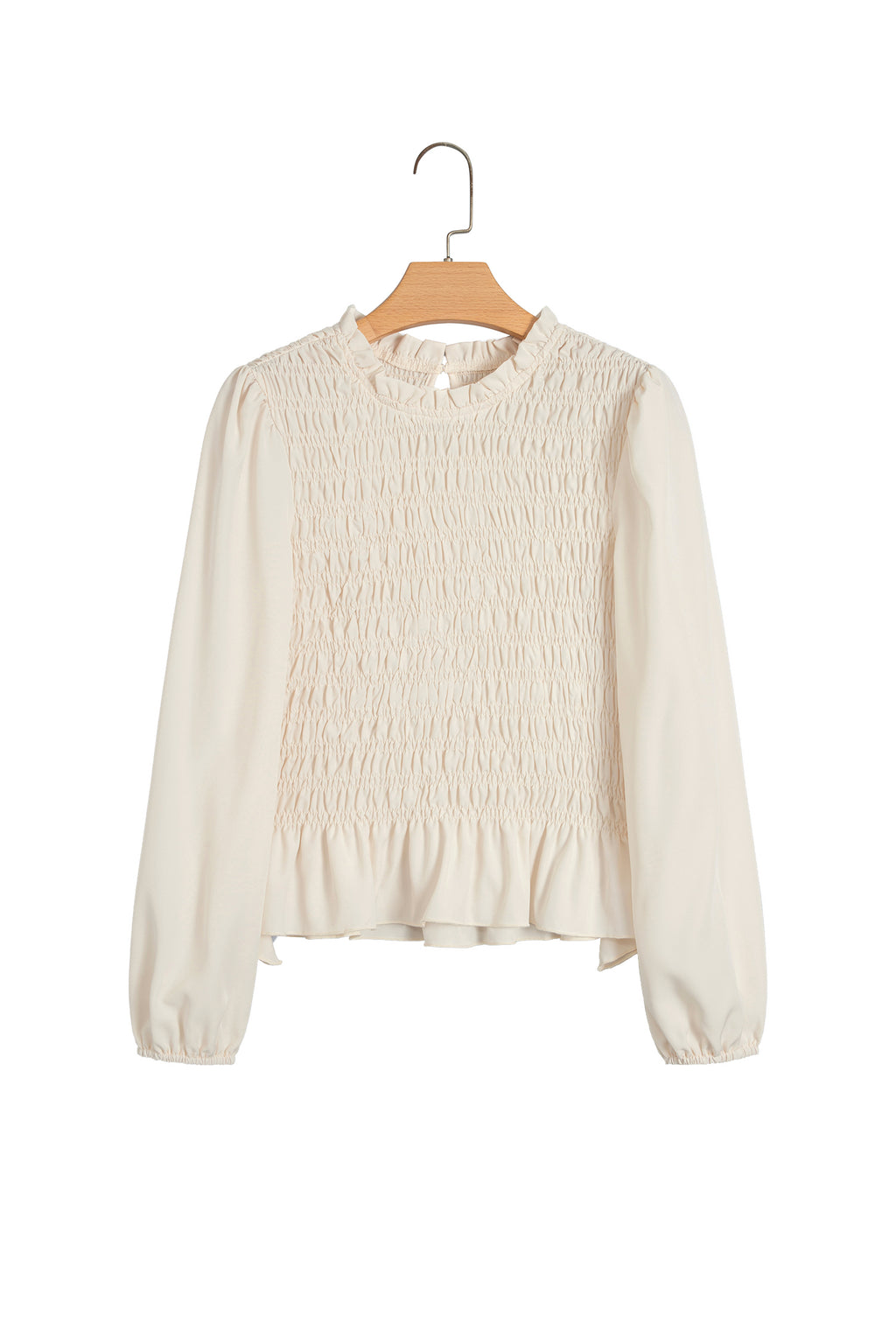 Jet Stream Solid Color Smocked Ruffle Hem Long Sleeve Blouse
