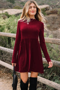Red Dahlia Frilled Neck Ribbed Knit Patchwork Long Sleeve Mini Dress