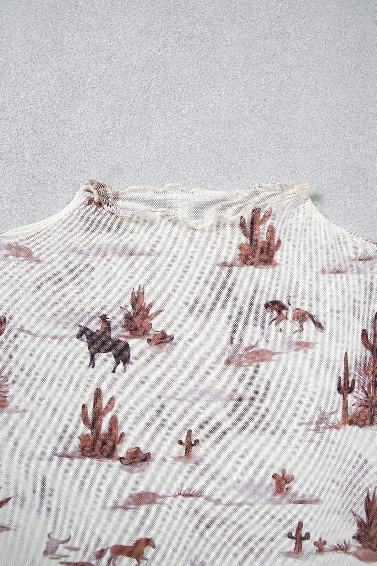 Beige Floral Print Slim Fit Mesh Long Sleeve Mock Neck Top