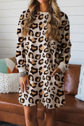 Khaki Leopard Long Sleeve Shift T Shirt Dress with Pockets