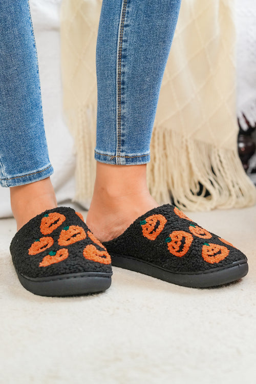 Black Halloween Pumpkin Plush Home Slippers