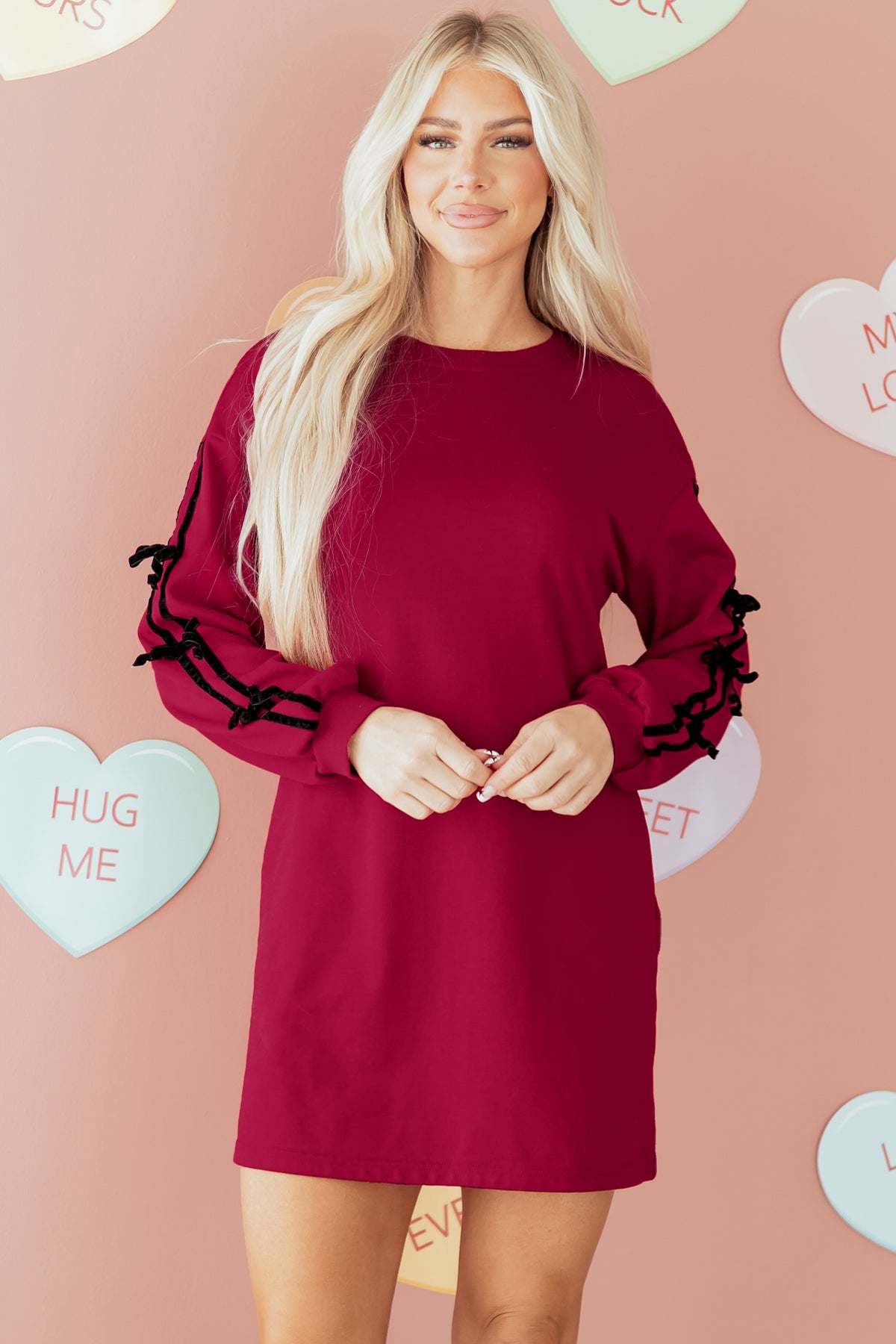 Racing Red Contrast Striped Bow Detail Drop Shoulder Sweatshirt Dress with Pockets