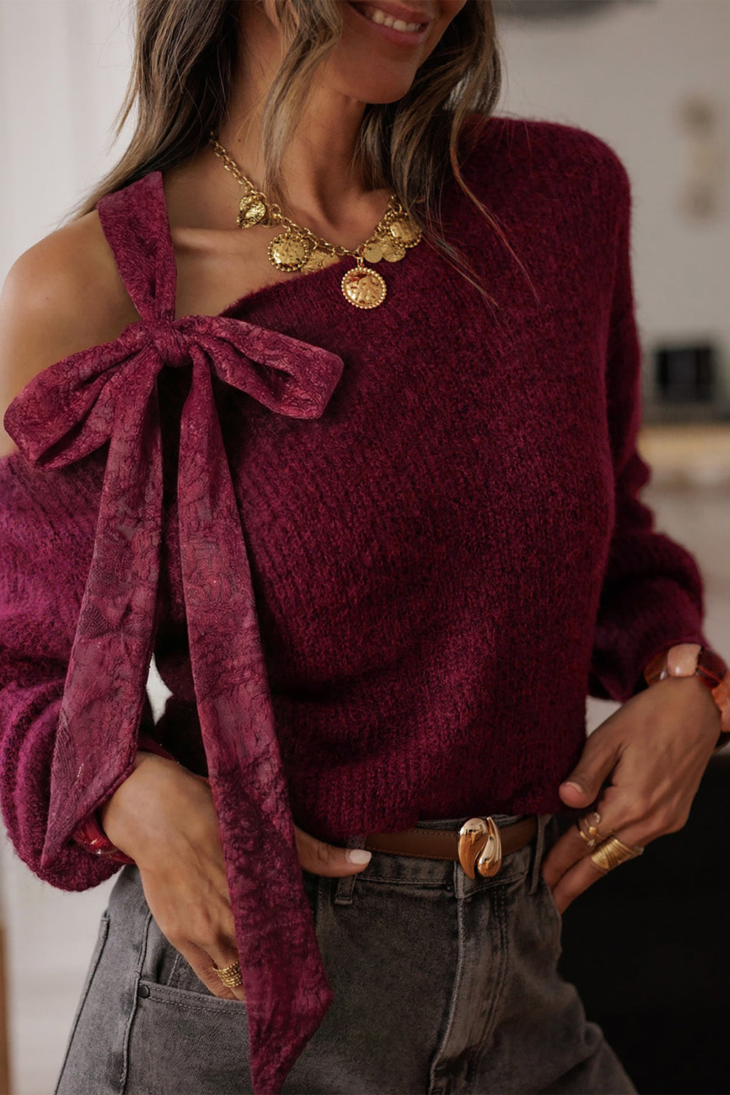 Burgundy Lace Bowknot Asymmetric Neck Sweater