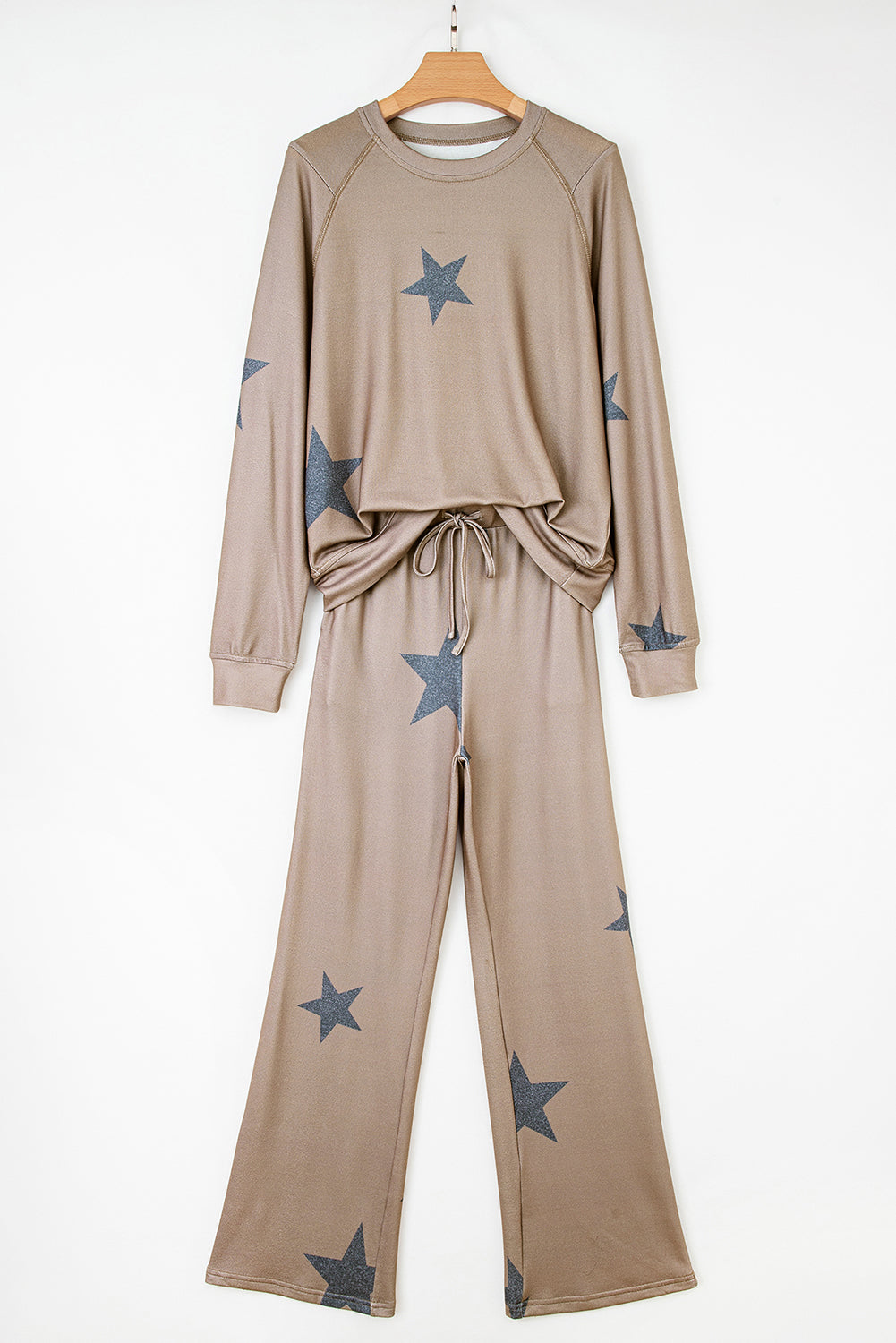 Khaki Retro Star Print Loose Long Sleeve Drawstring Wide Leg 2pcs Lounge Set