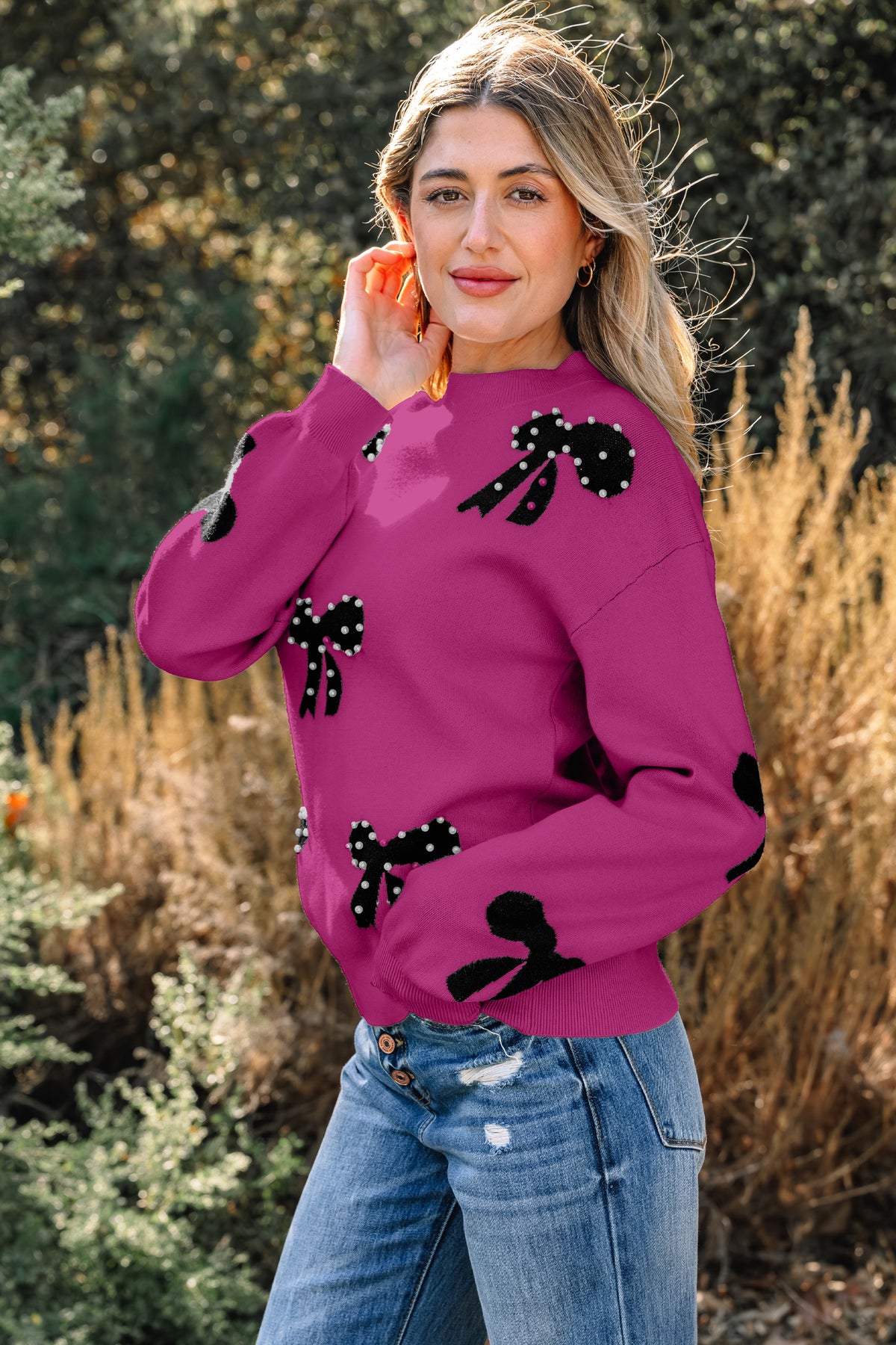 Smoke Gray Pearl Embellished Bow Pattern Loose Sweater