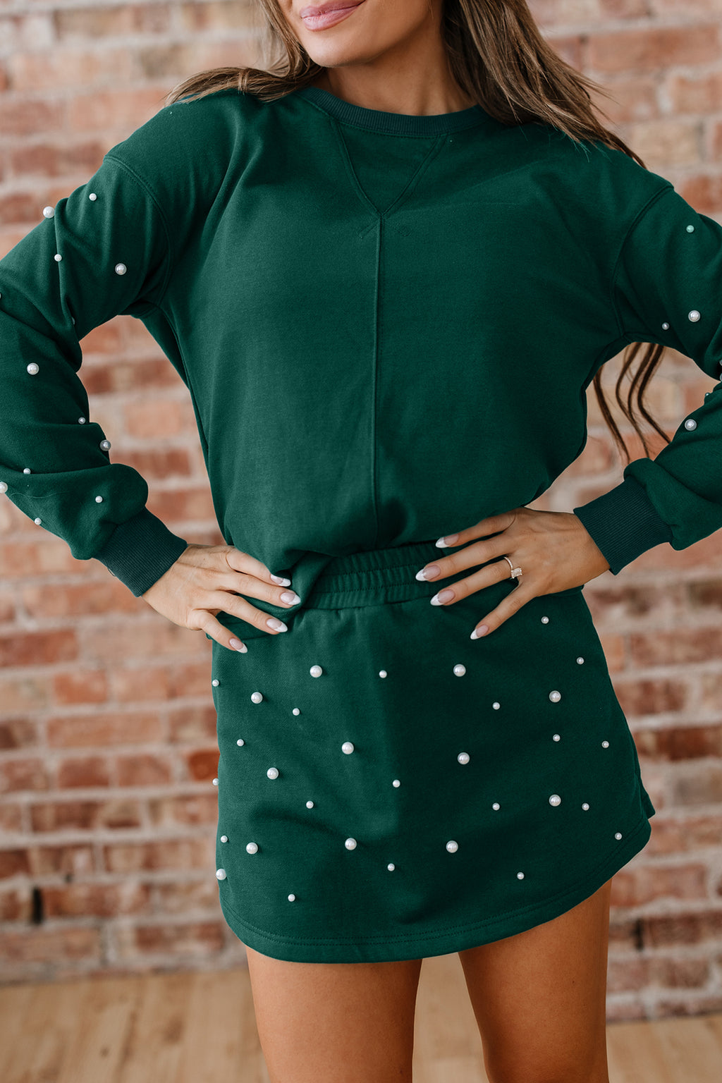 Dark Green Pearl Embellished Drop Shoulder Pullover Elastic Waist Mini Skirt Set