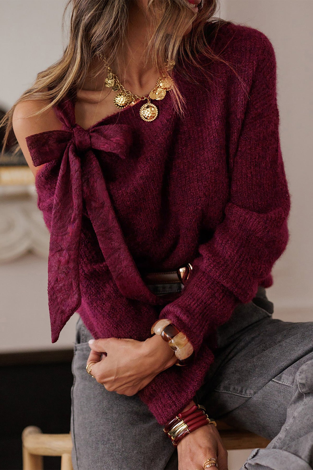 Burgundy Lace Bowknot Asymmetric Neck Sweater