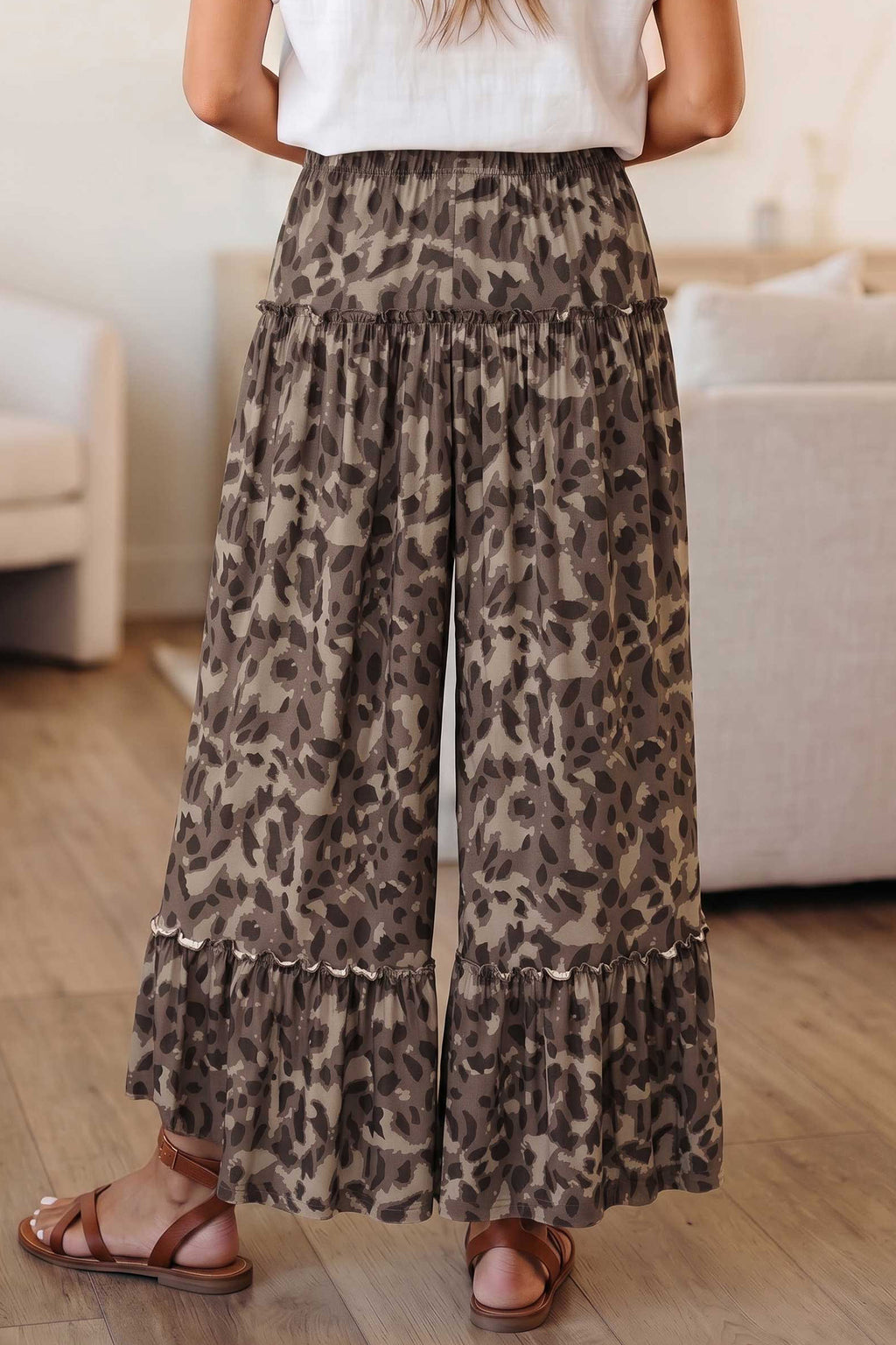 Beige Camo Print Wide Leg Casual Pants