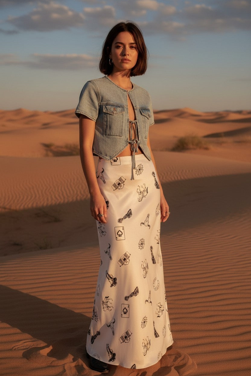Western Print Ivory Maxi Skirt