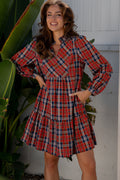 Green Plaid Print Frilly Collar Long Sleeve Shift Mini Dress