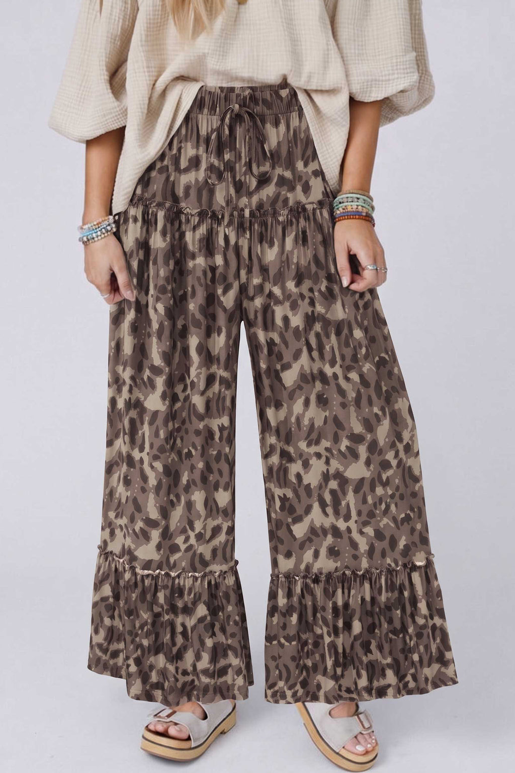 Beige Camo Print Wide Leg Casual Pants