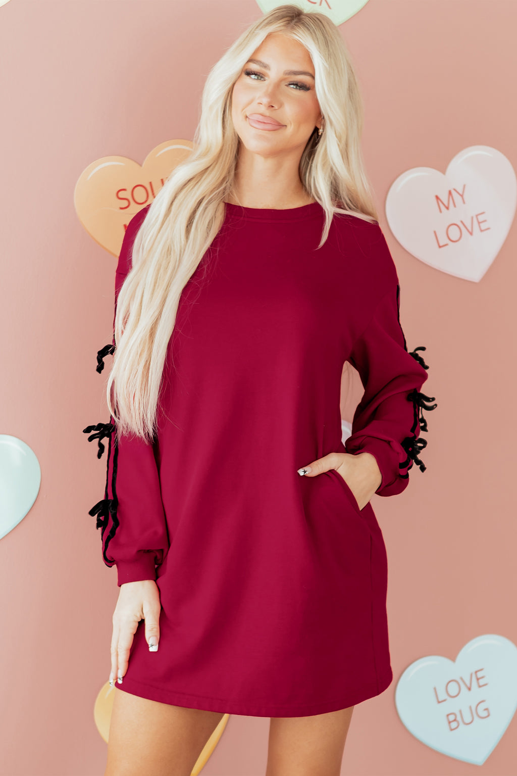 Racing Red Contrast Striped Bow Detail Drop Shoulder Sweatshirt Dress with Pockets