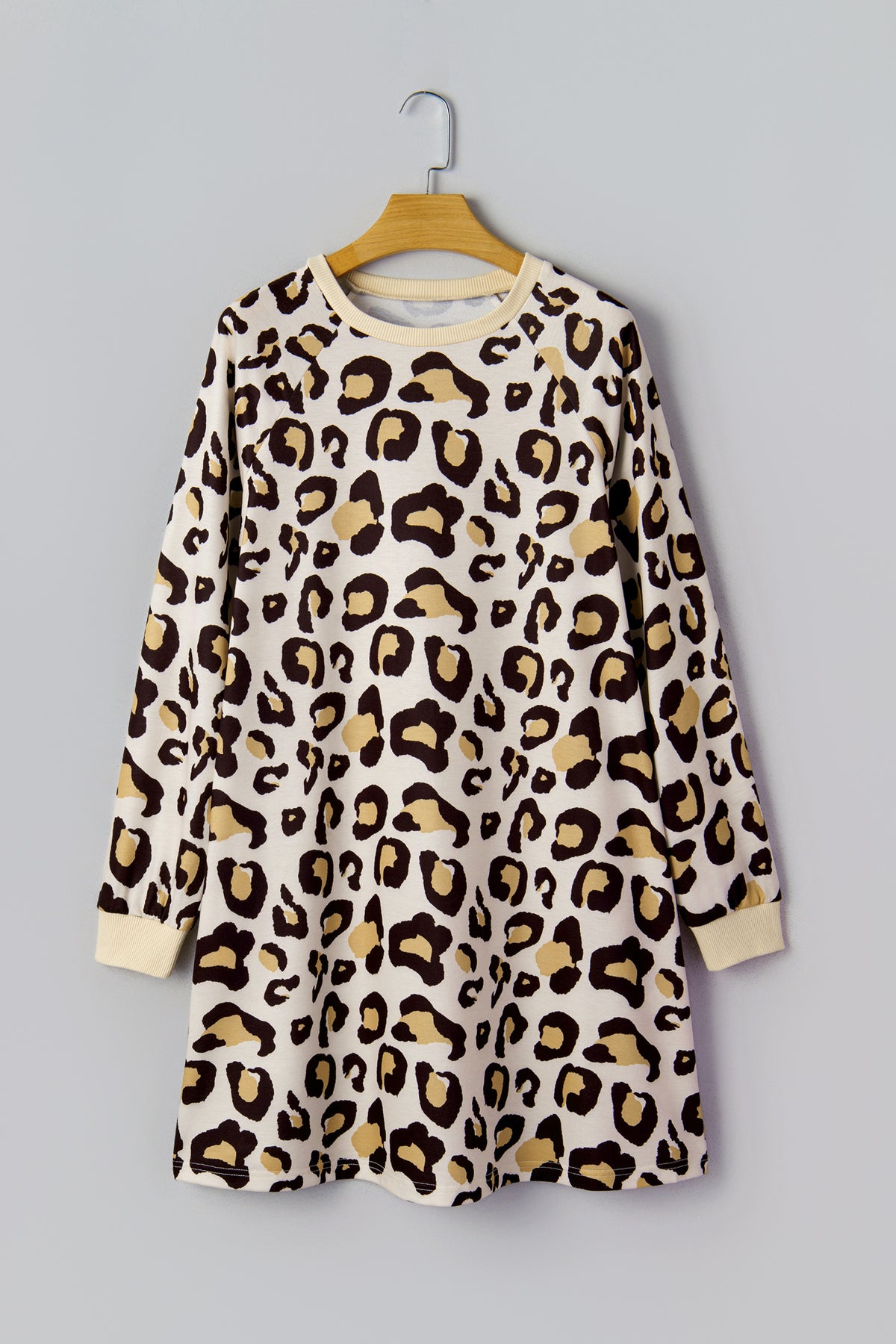 Khaki Leopard Long Sleeve Shift T Shirt Dress with Pockets
