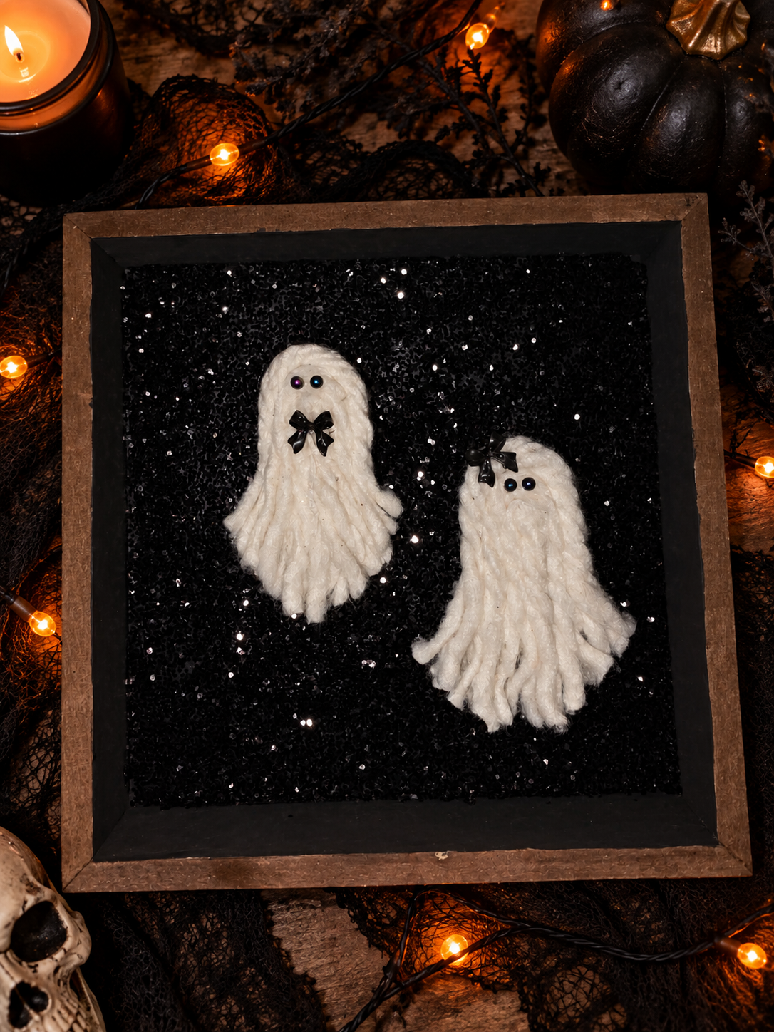 Yarn Ghost Halloween Shadow Box Sign