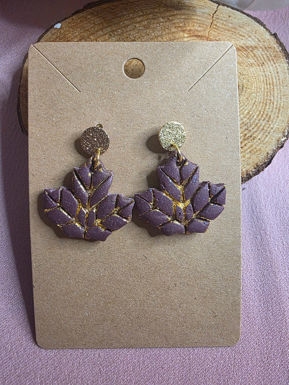 Clay Burgundy Gold Vein Maple Leaf Dangle Earrings