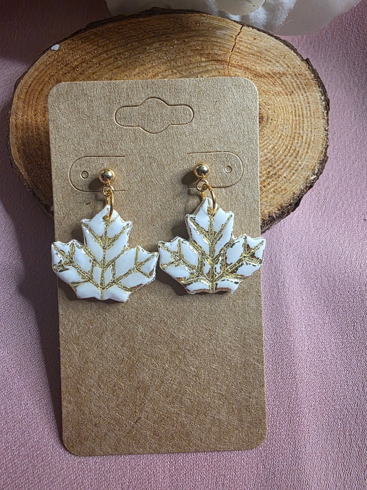 Clay White Gold Foil Maple Leaf Dangle Earrings