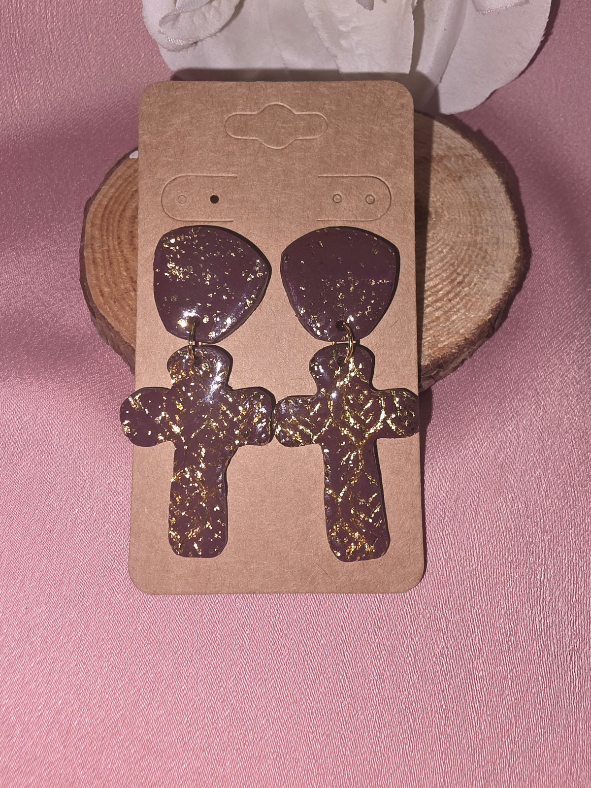 Clay Dark Mauve Gold Foil Cross Dangle Earrings
