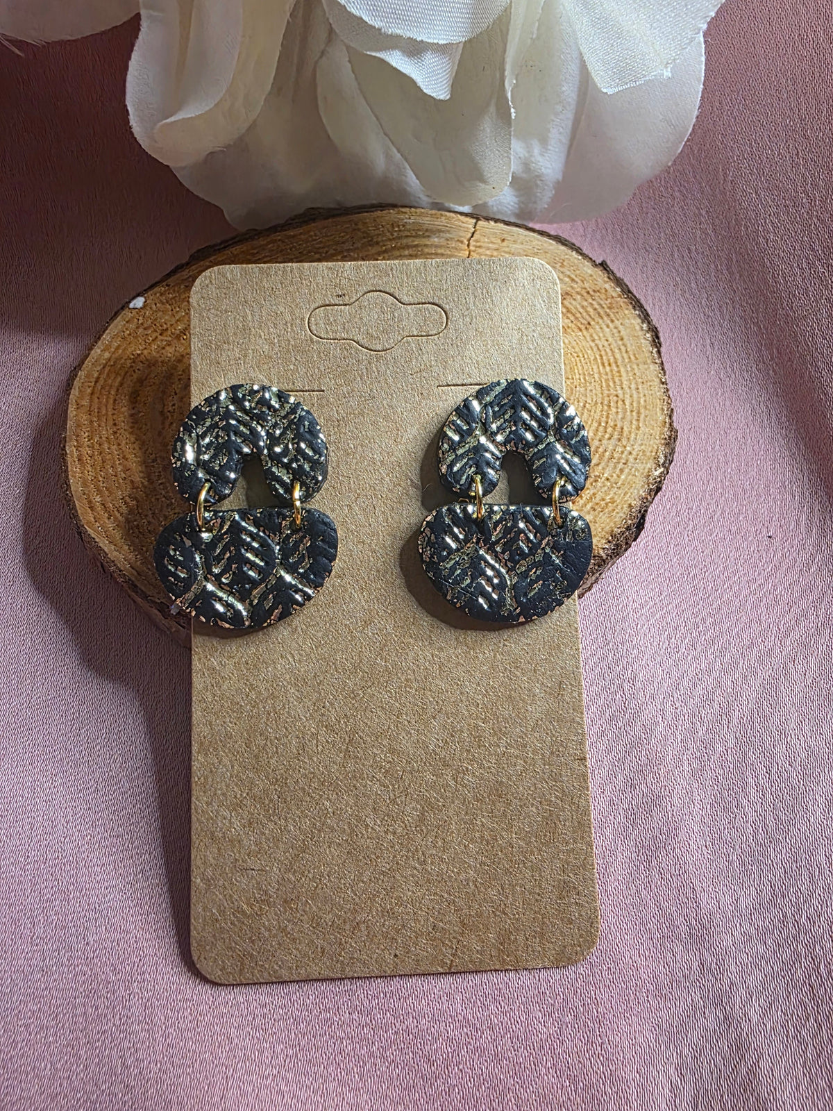 Clay Black Gold Leaf Texture Circle Dangle Earrings