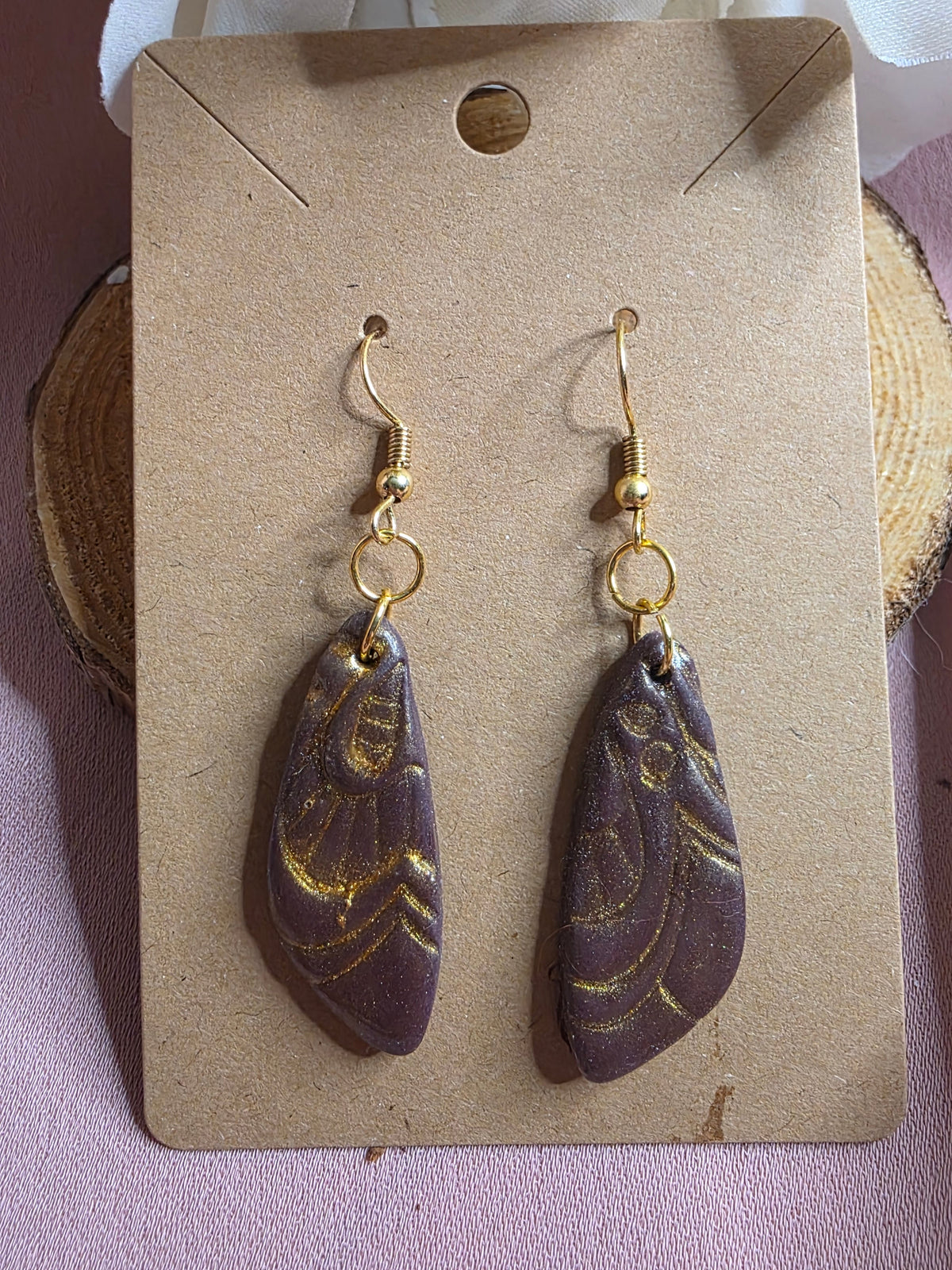 Clay Deep Mauve & Gold Swirl Teardrop Hook Earrings