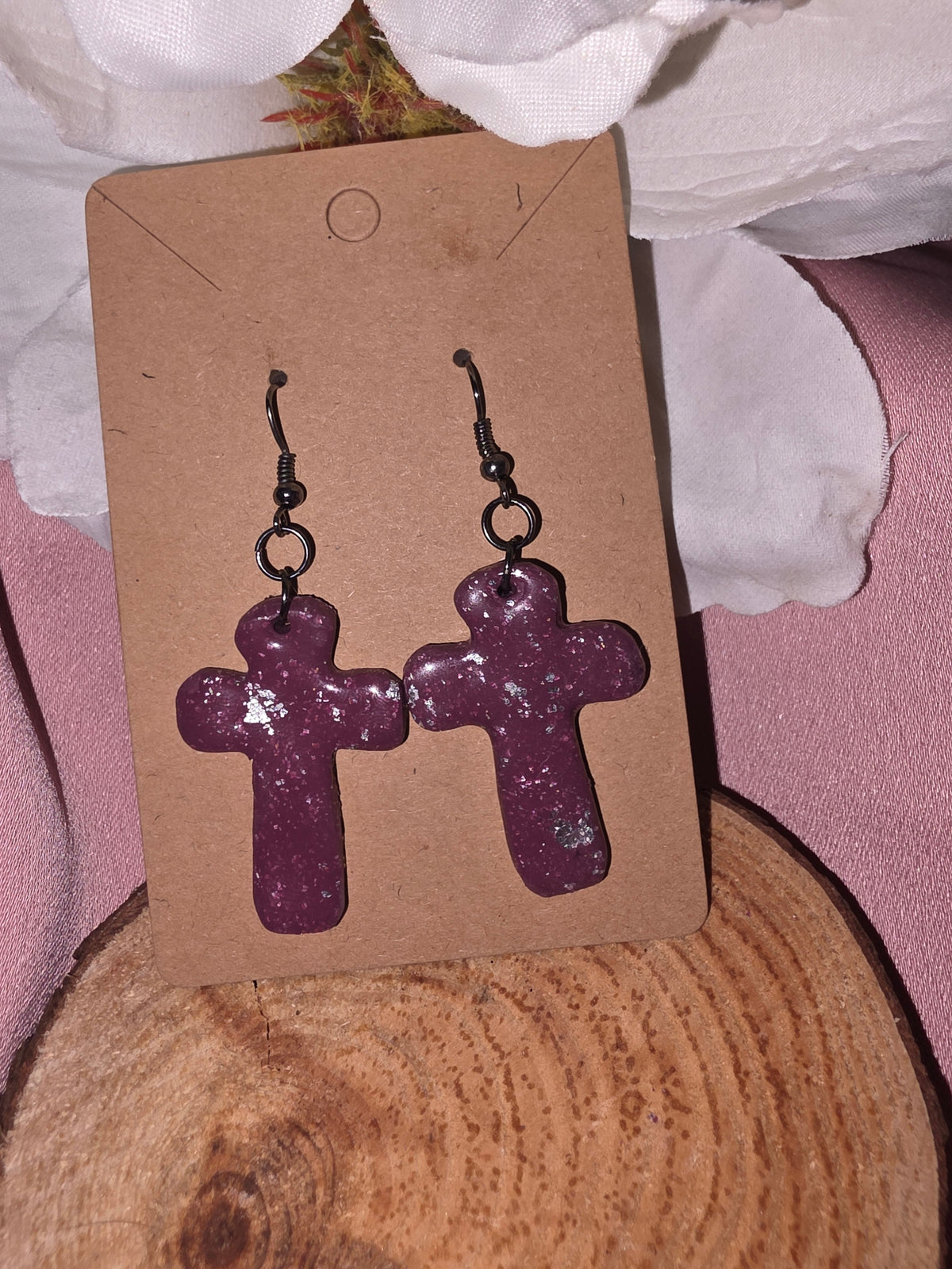 Purple Glitter Cross Dangle Earrings