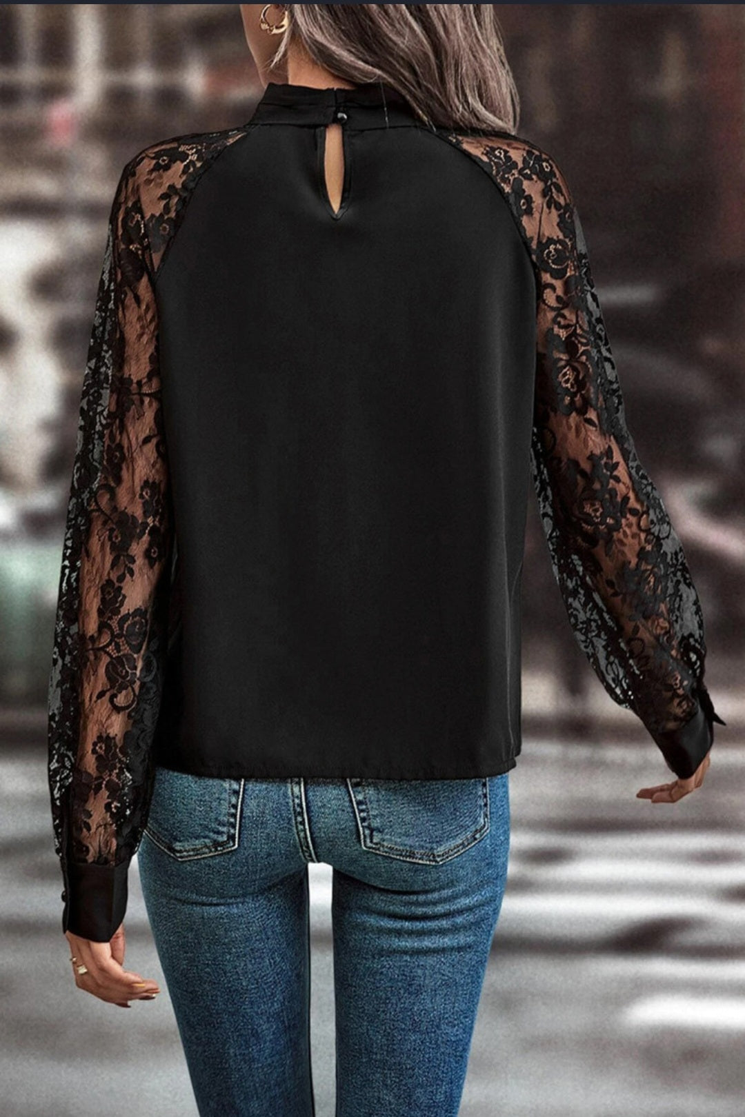 Black Lace Sleeve Mock Neck Blouse