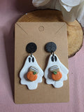 Clay Ghost Pumpkin Spice Latte Black Glitter Disc Dangle Earrings