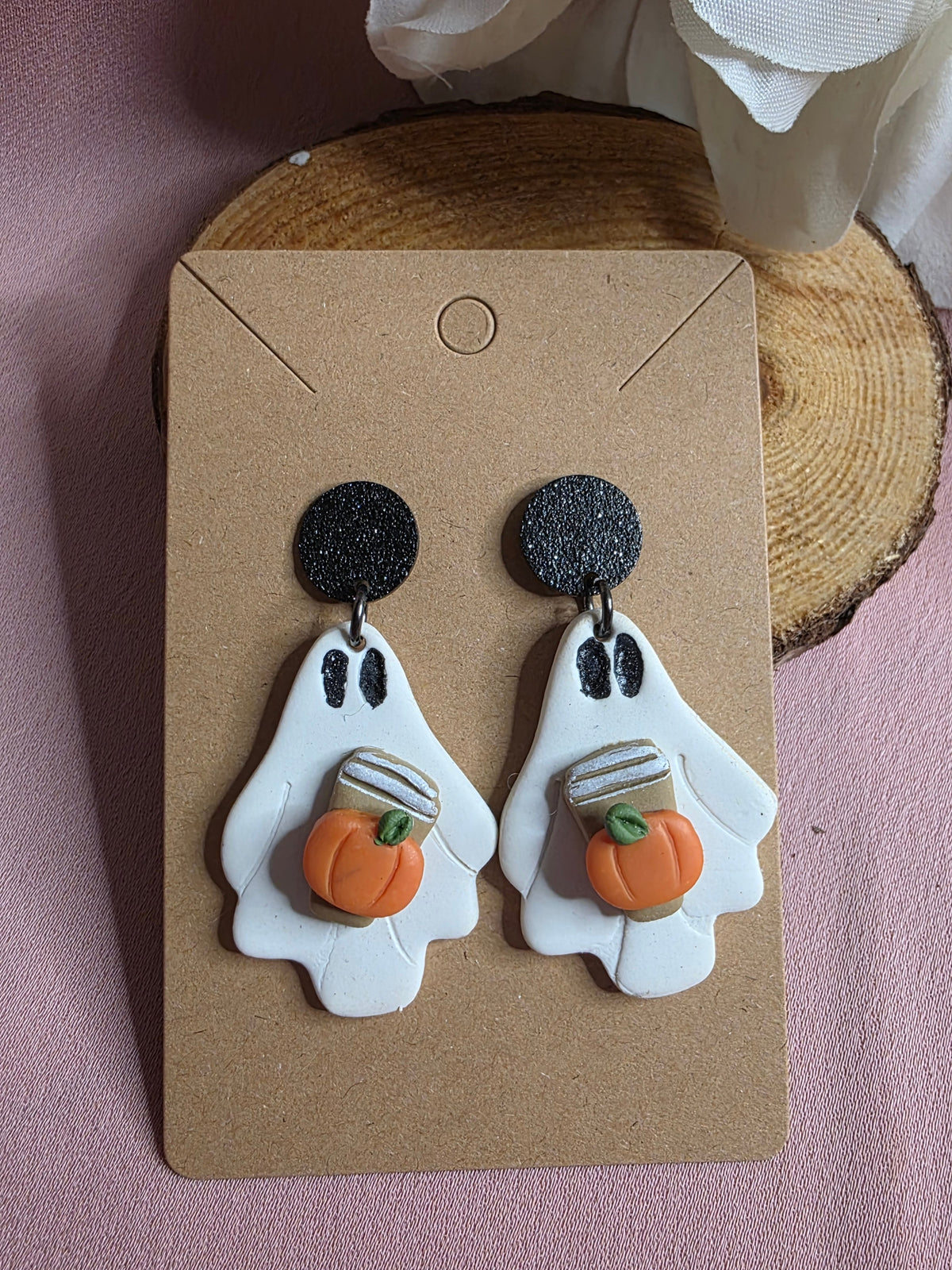 Clay Ghost Pumpkin Spice Latte Black Glitter Disc Dangle Earrings