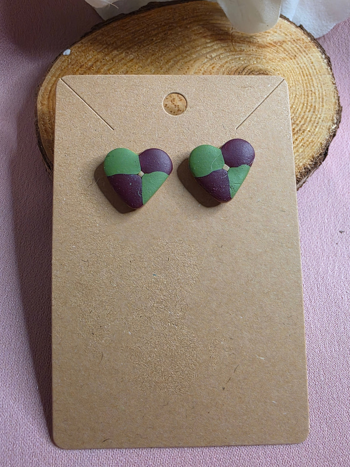 Clay Burgundy & Green Color Block Heart Stud Earrings