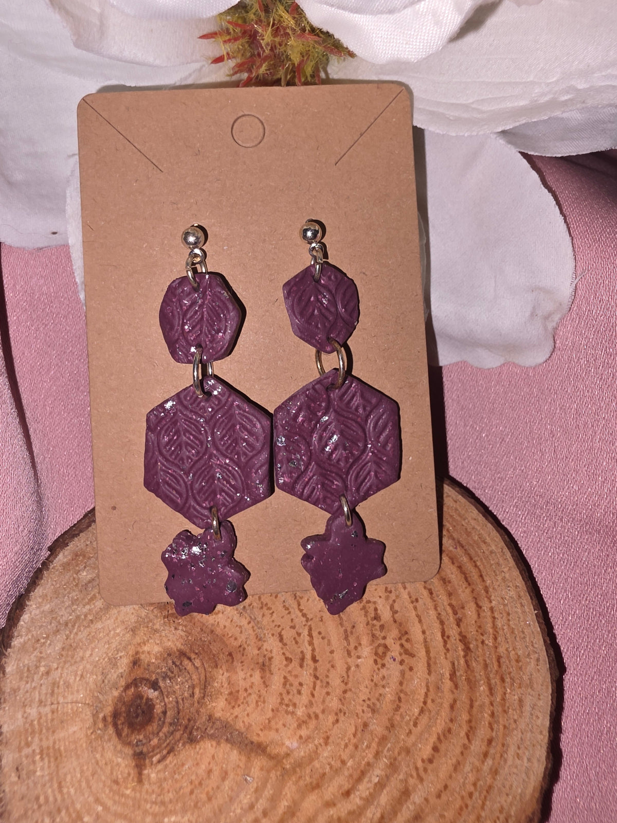 Purple Tiered Clay Leaf & Hexagon Dangle Earringscalled them
