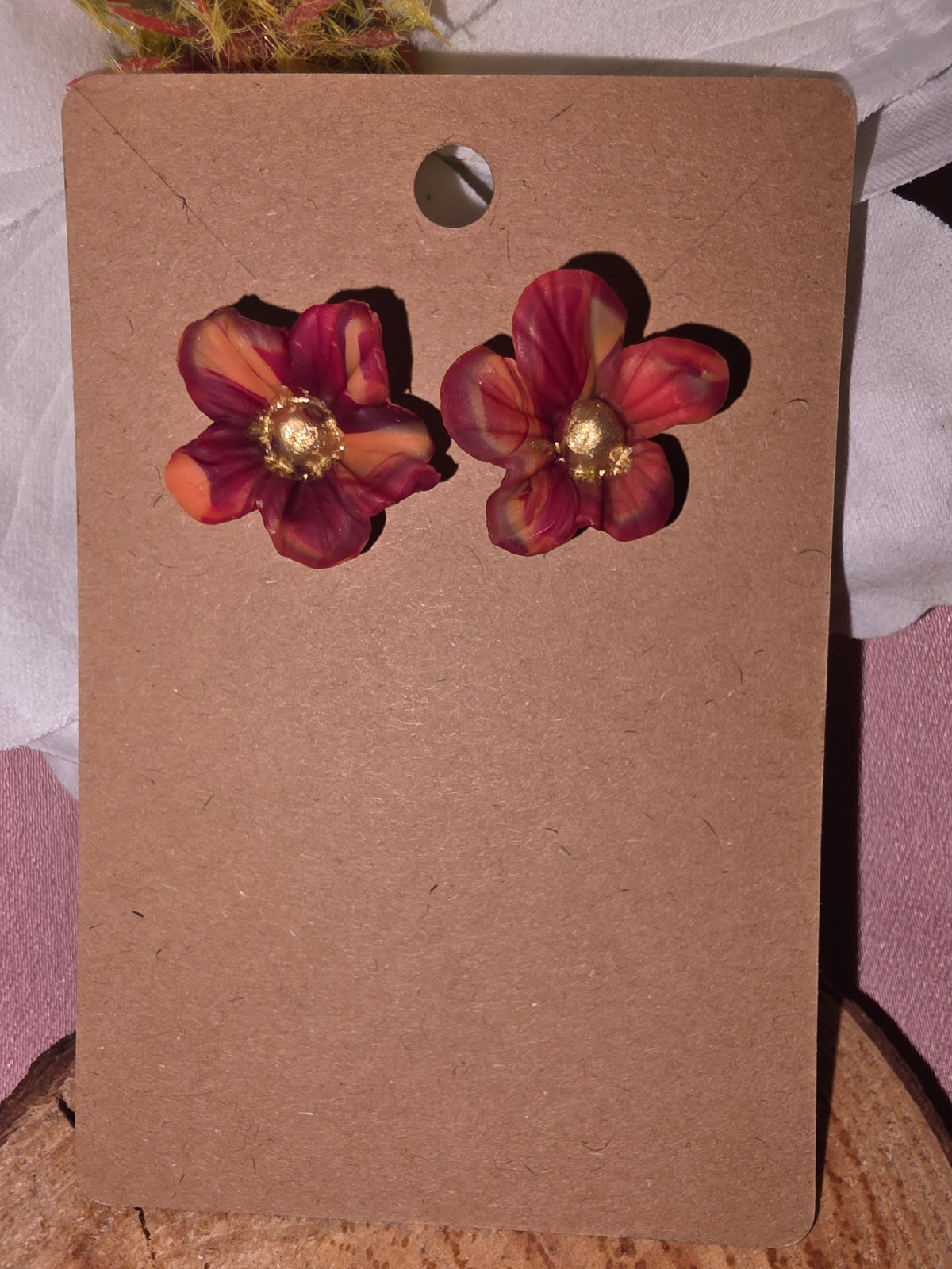 Clay Burgundy & Orange Flower Stud Earrings