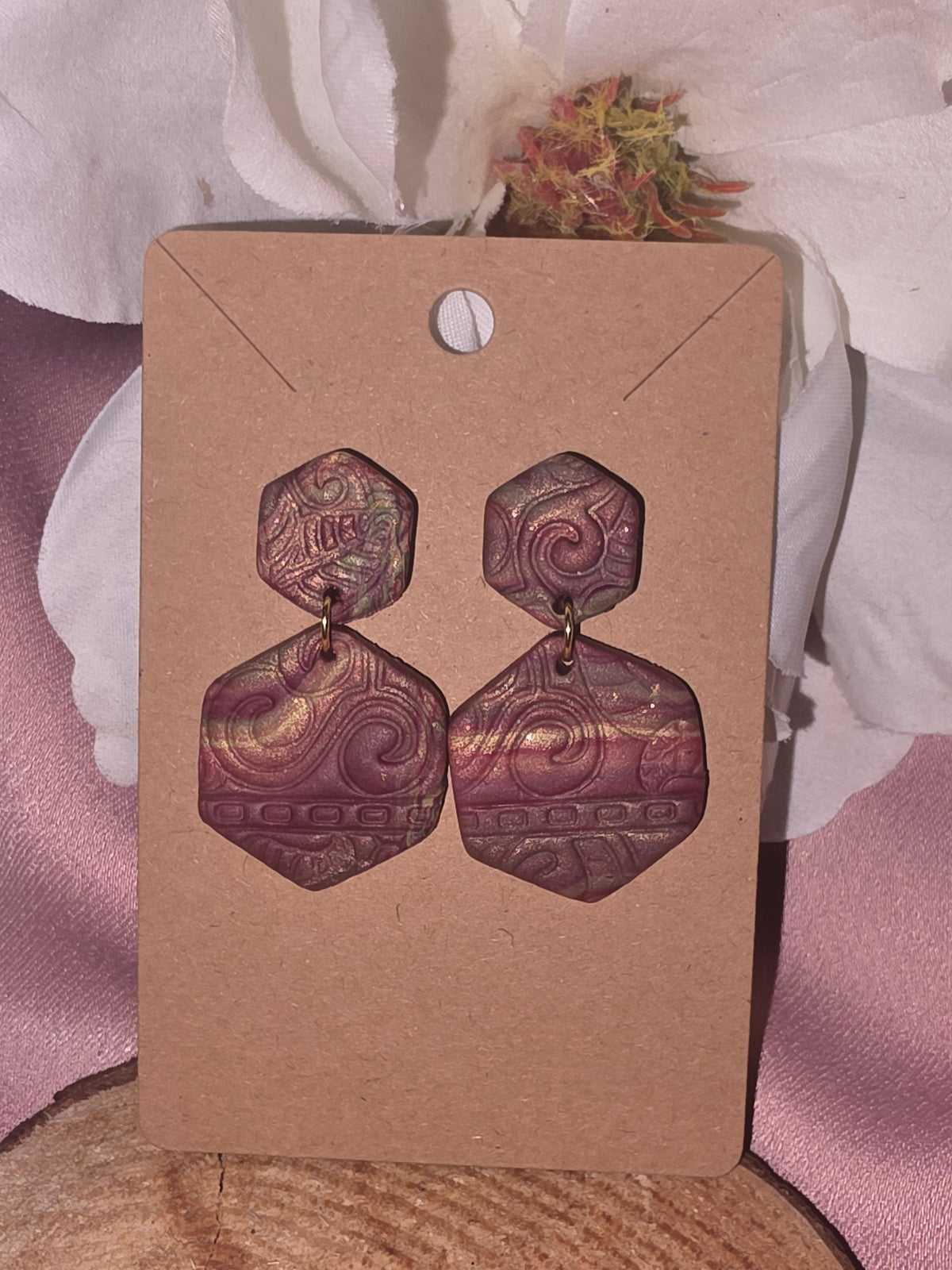 Handmade Mauve Clay Hexagon Swirl Dangle Earrings