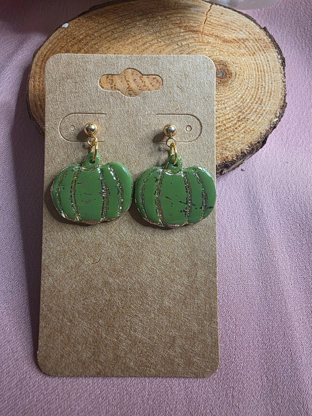 Clay Green Gold Foil Pumpkin Dangle Earrings