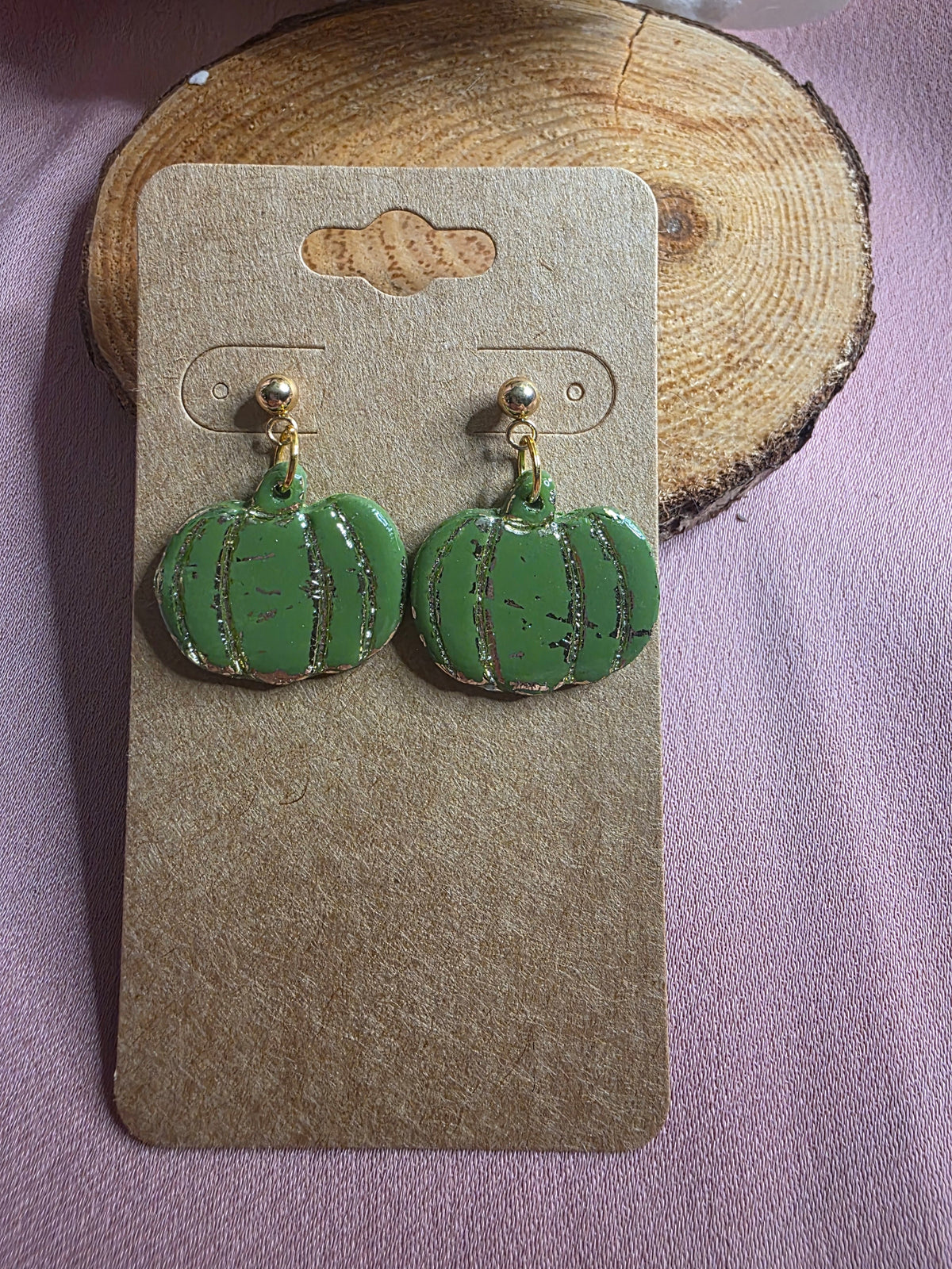 Clay Green Gold Foil Pumpkin Dangle Earrings