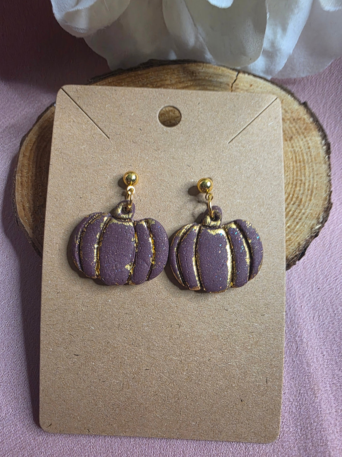 Clay Burgundy Gold Stripe Pumpkin Dangle Earrings