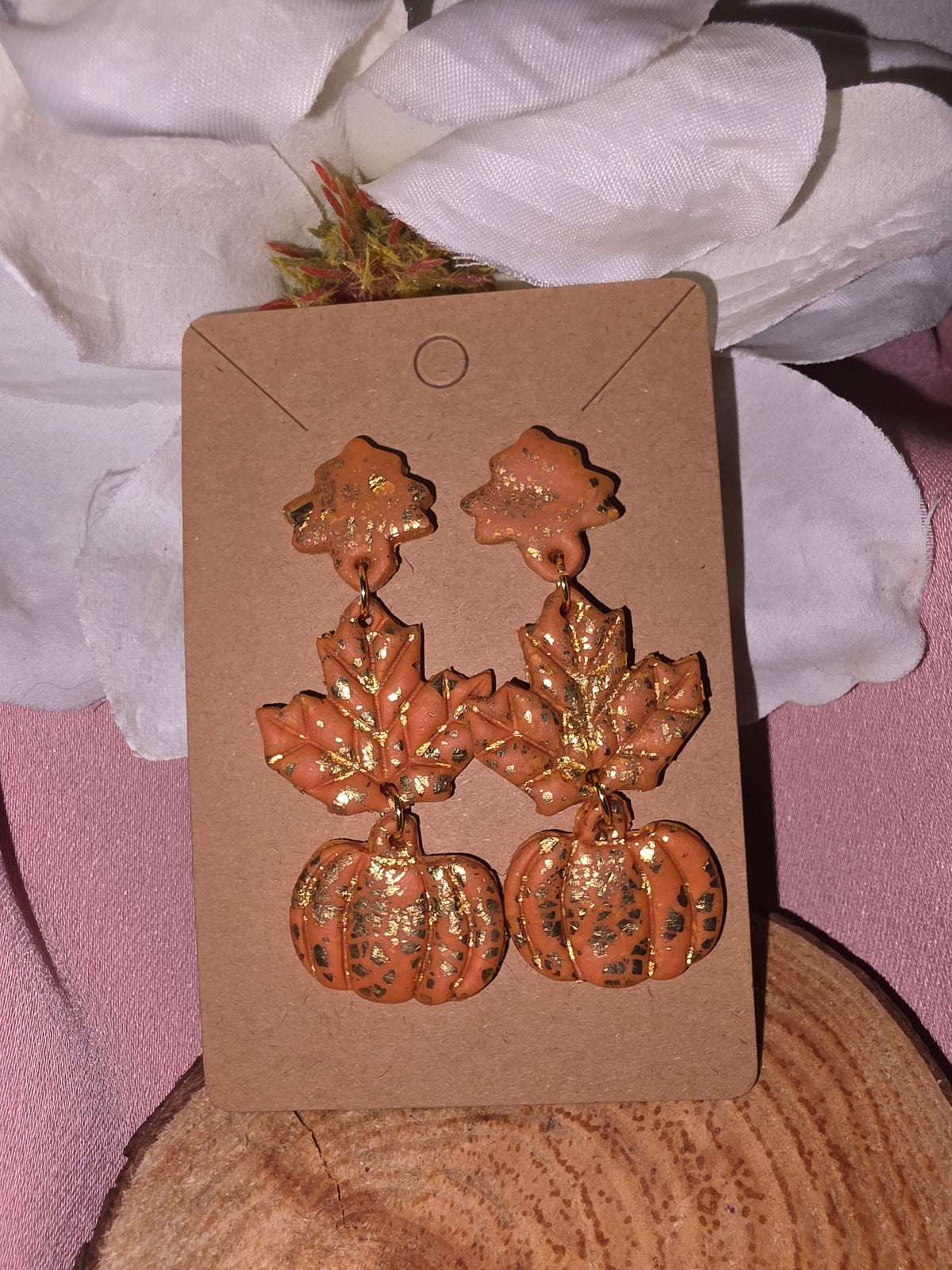 Gold Foil Clay Maple Leaf & Pumpkin Dangle Earrings