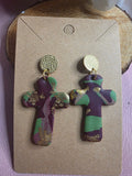 Clay Burgundy Green Gold Foil Camo Cross Dangle Earrings