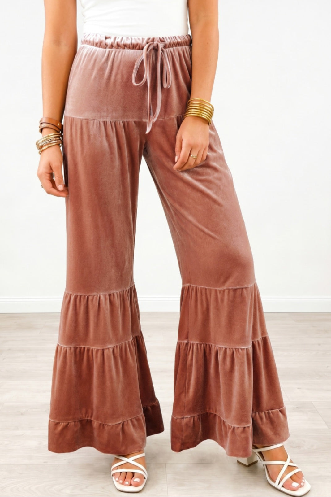 Straw Yellow Velvet Tiered Bell Bottom Pants