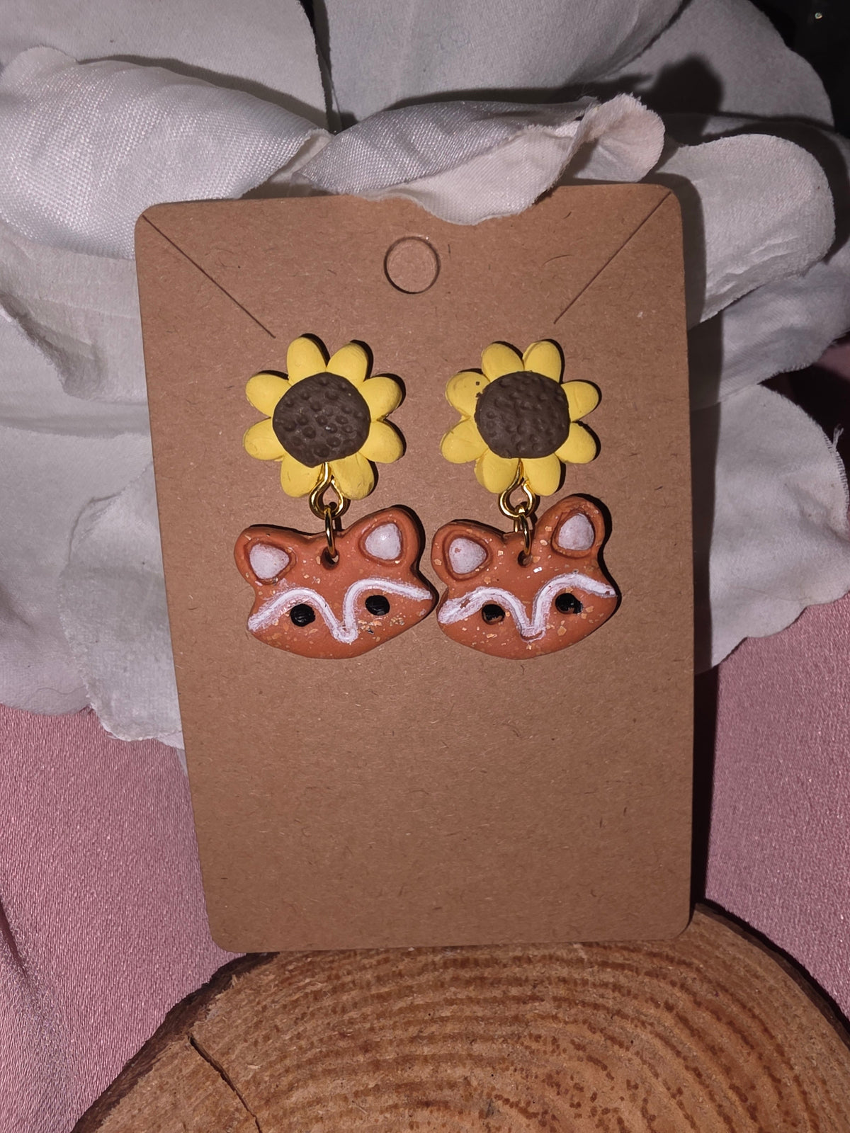 Clay Sunflower & Fox Face Dangle Earrings