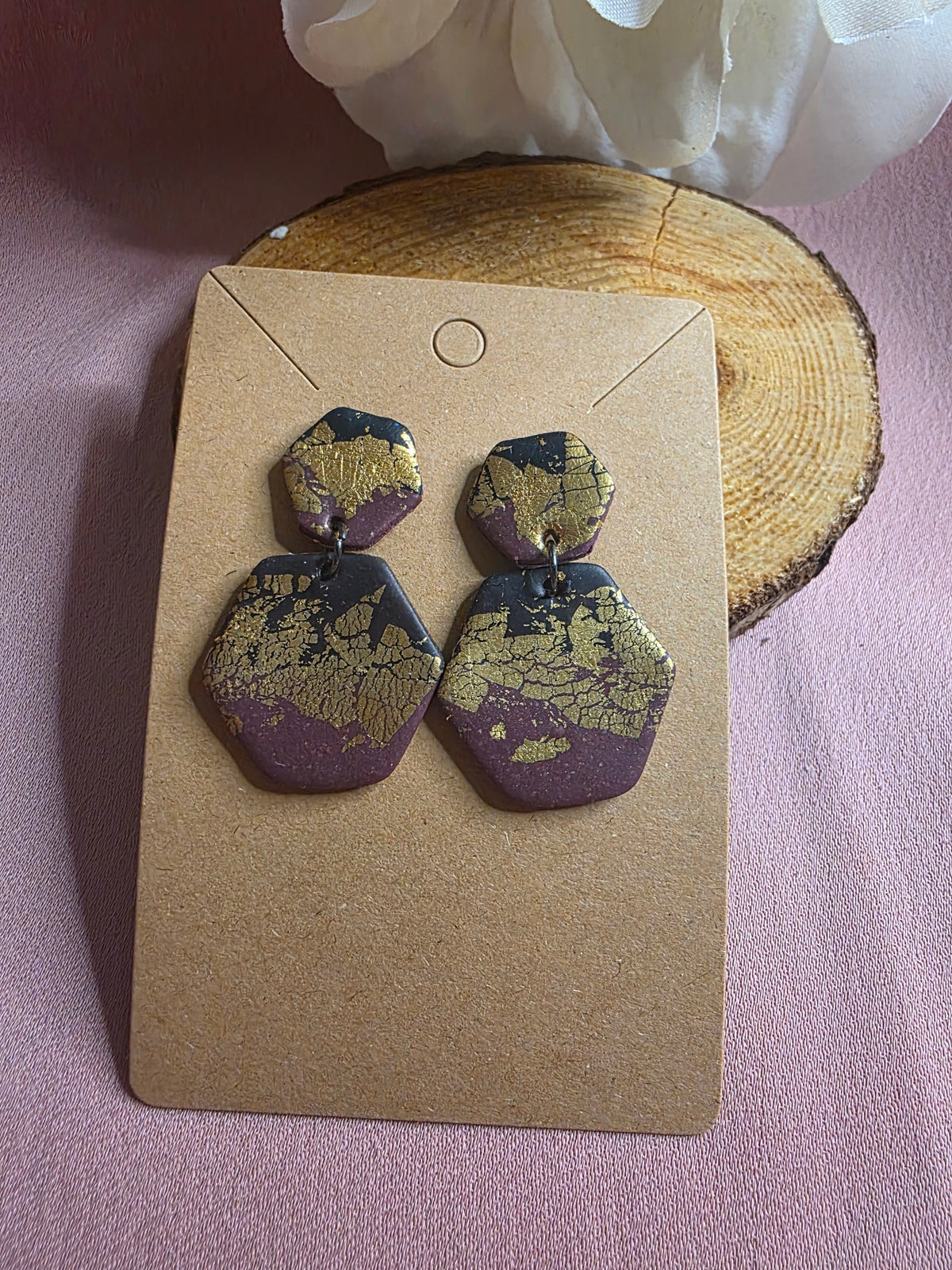 Clay Burgundy & Gold Foil Crackle Hexagon Dangle Earrings