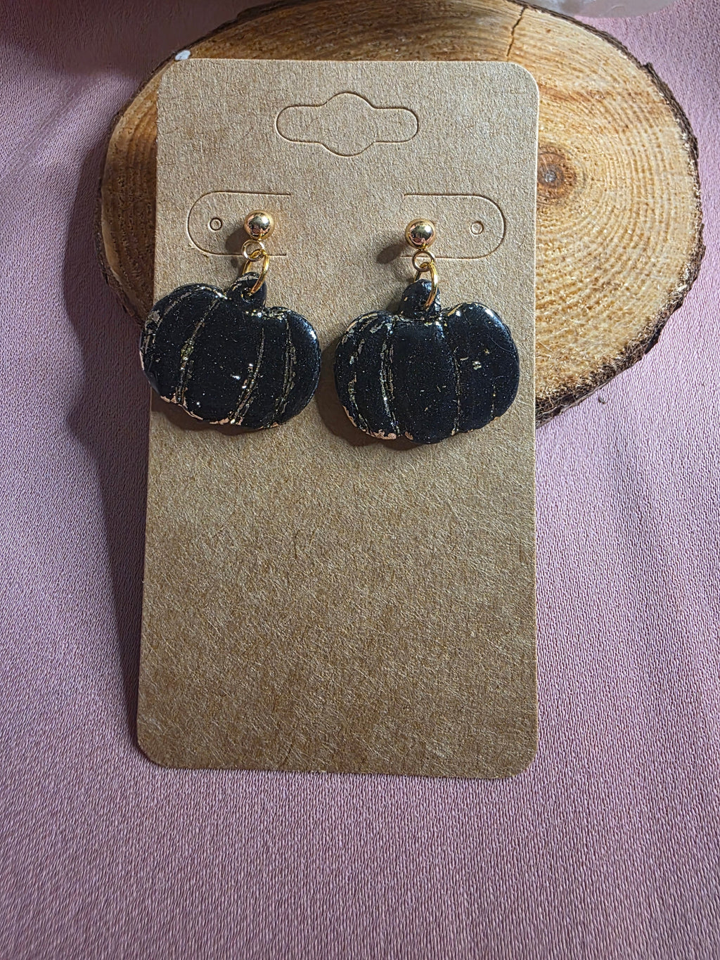 Clay Black Gold Foil Pumpkin Dangle Earrings