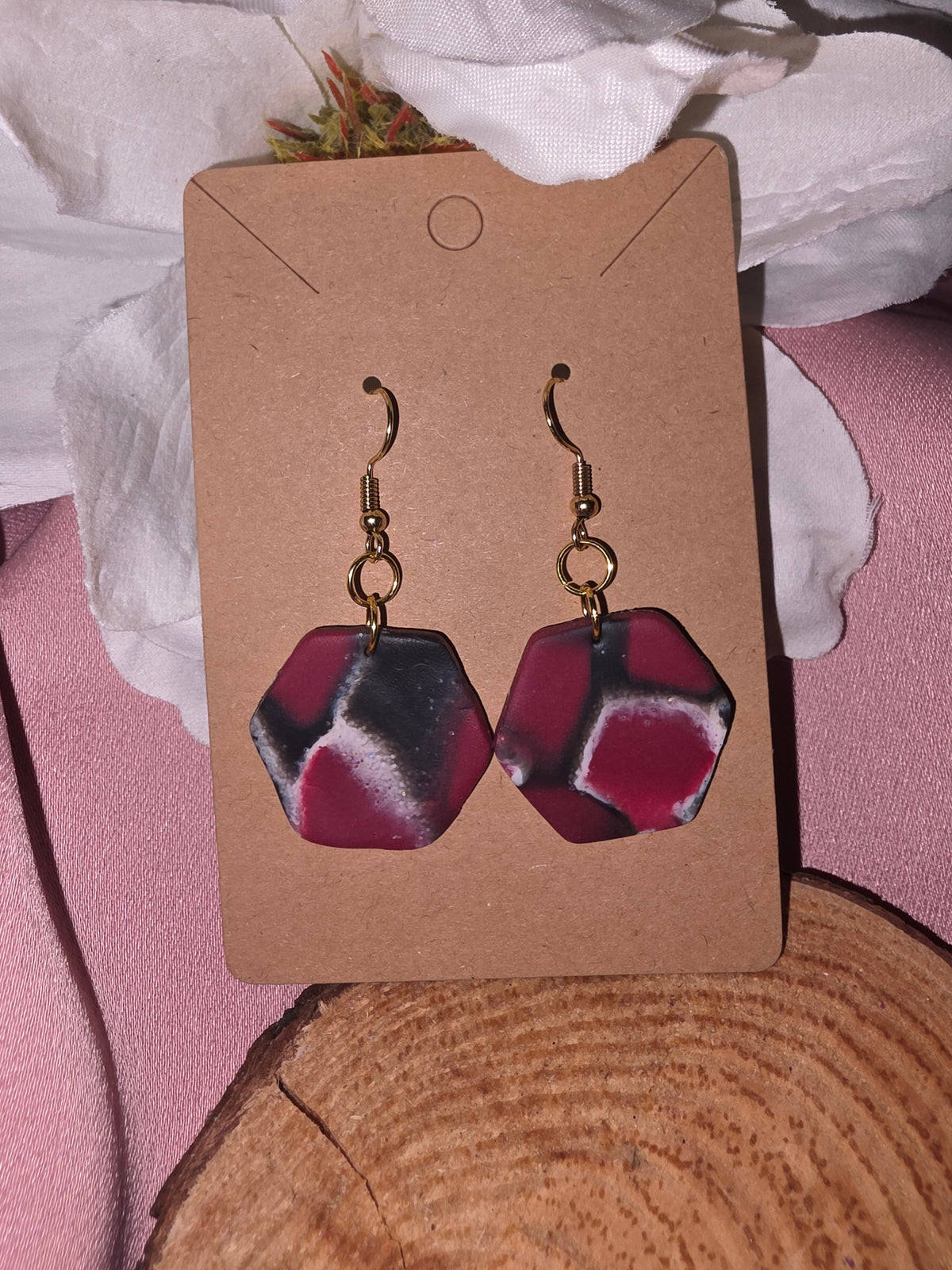 Red & Black Marble Hexagon Drop Earrings